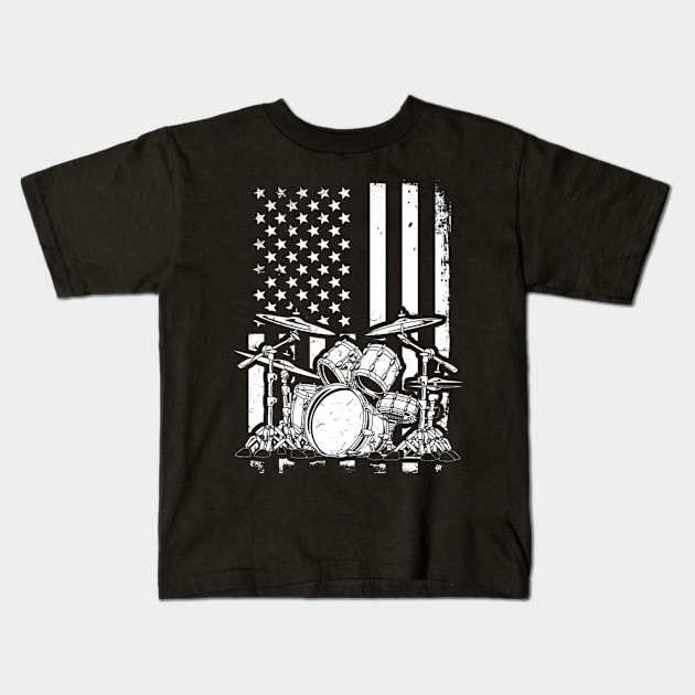 Drum Kit American Flag Drummer Musician Kids T-Shirt by FogHaland86